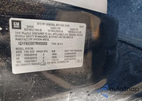 2007 Cadillac Escalade Standard from USA, damaged, VIN 1GYFK63867R400993